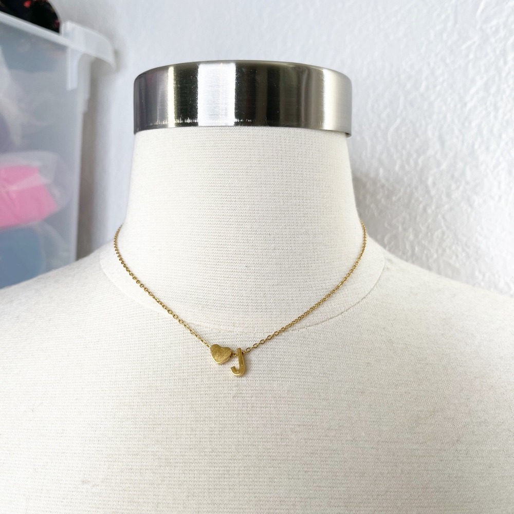 Gold Tone Initial J Heart Charm Necklace Dainty Minimalist Personalized Jewelry